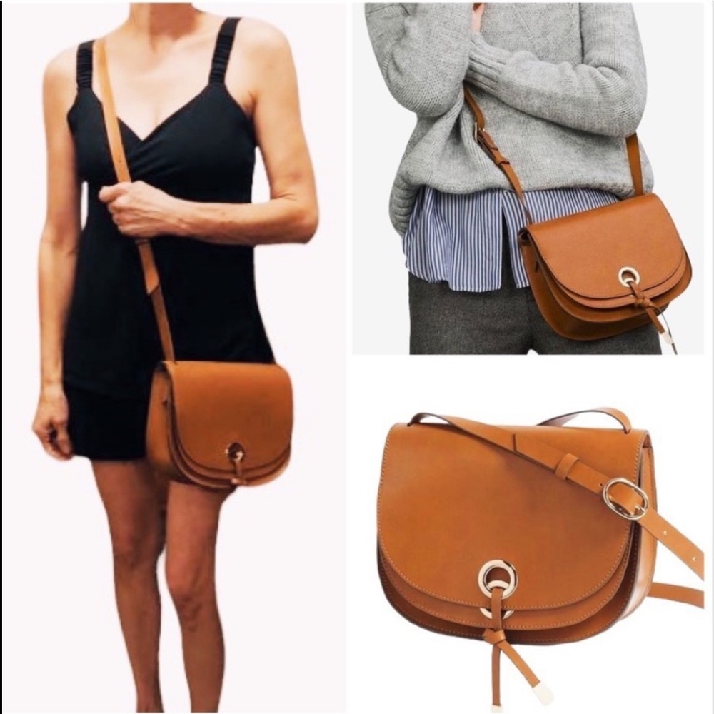 Zara Vegan Saddle Tan Half Moon Flap Convertible Shoulder to Crossbody Bag